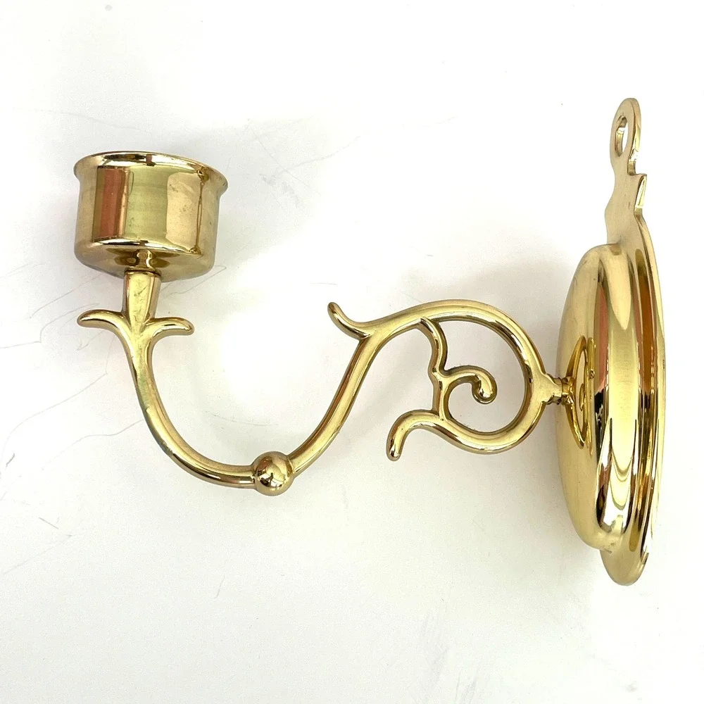 Vintage Polished Brass Wall Sconce Candle Holder Scroll Arm Oval Backplate Gold
